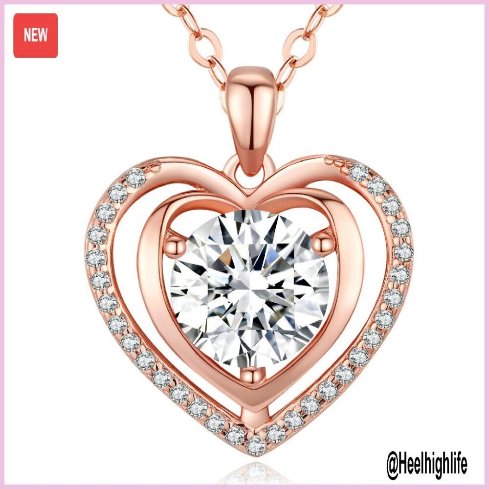 Moissanite Heart Pendant Necklace 18K Platinum Filled 925 Sterling Silver